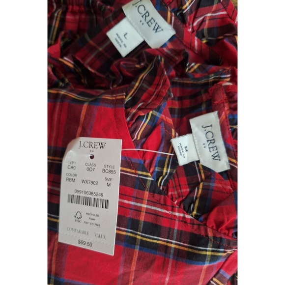 J. Crew | Women's Red Tartan Plaid Ruffle Neck Blouson Sleeve Top - Picture 8 of 16